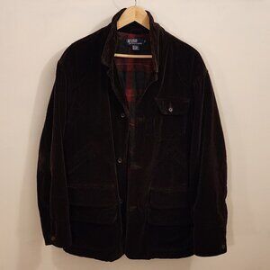 Polo Ralph Lauren Brown Corduroy Hunting Jacket Sport Men Sz Large Pockets Plaid